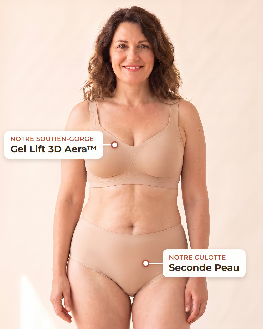 Culotte Seconde Peau portée avec le soutien-gorge Gel Lift 3D Aera