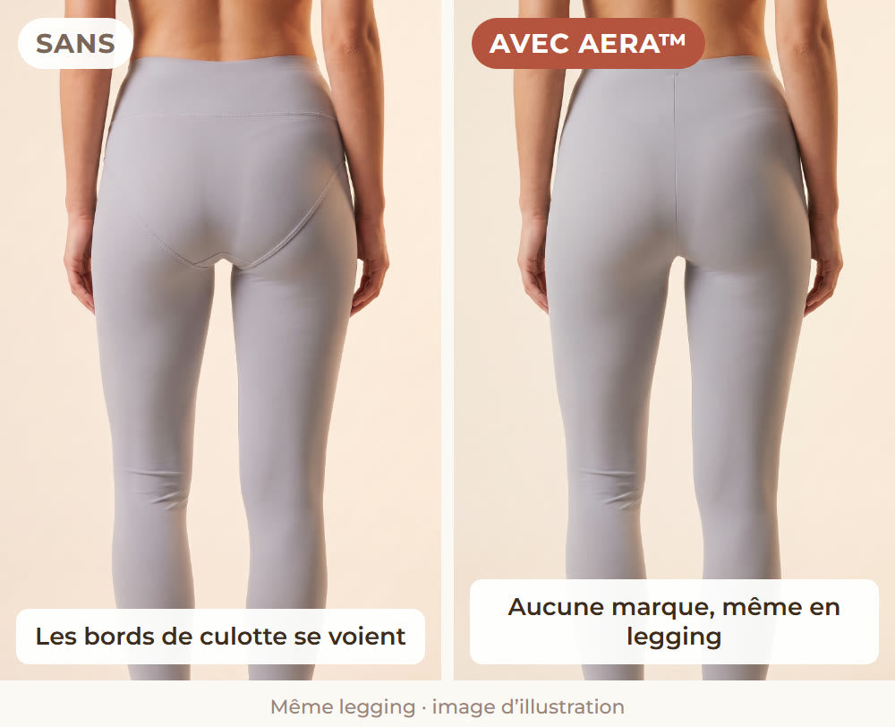 Sans et avec la Culotte Seconde Peau sous un legging (illustration)